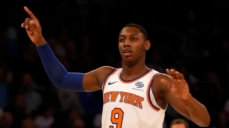 RJ Barrett of the Knicks reacts in the second half...