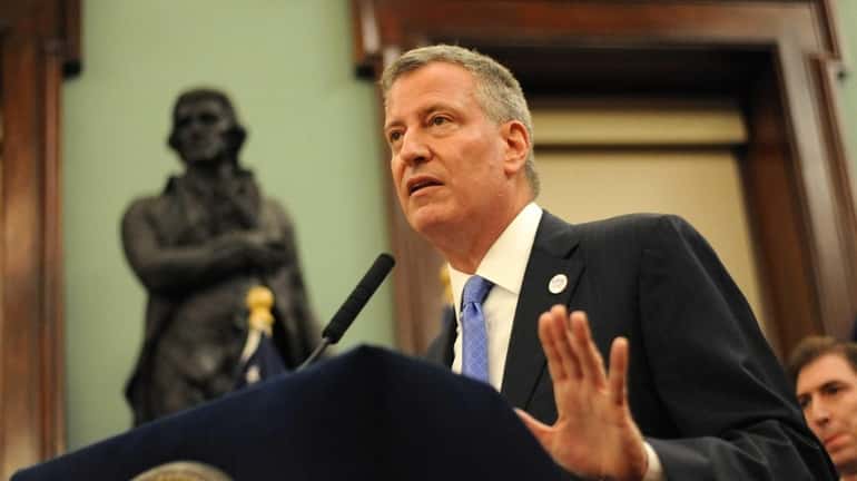 Mayor Bill de Blasio speaks during a press conference at...
