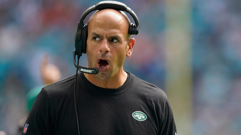 New York Jets head coach Robert Saleh gestures during the...