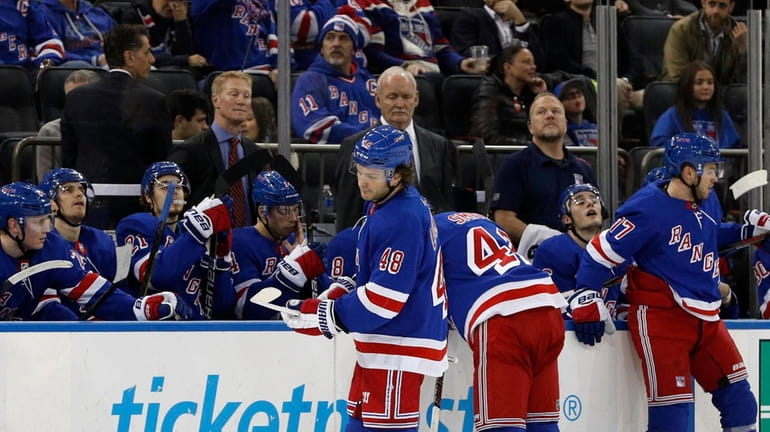 The Rangers react after the Montreal Canadiens scored a goal late in the...