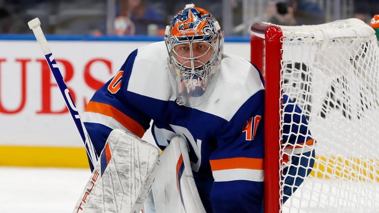 Semyon Varlamov of the Islanders defends the net during the second period...