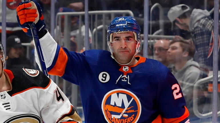 Kyle Palmieri of the New York Islanders celebrates his first...