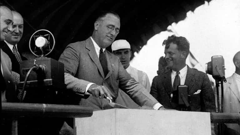 New York Gov. Franklin D. Roosevelt officially lays the cornerstone...