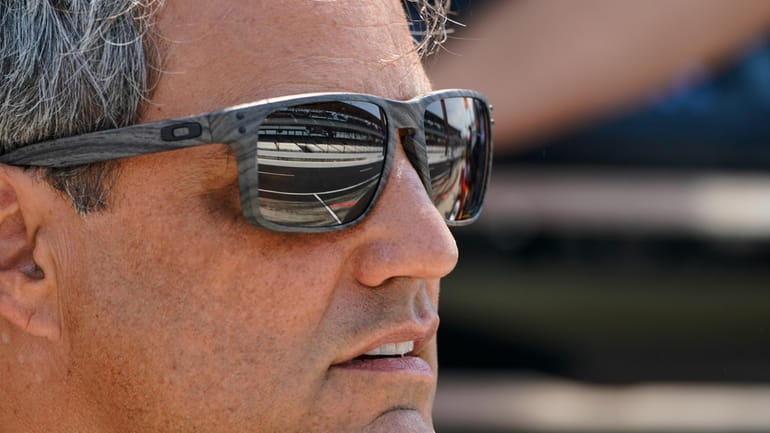 Juan Pablo Montoya, of Colombia, watches from the pit area...