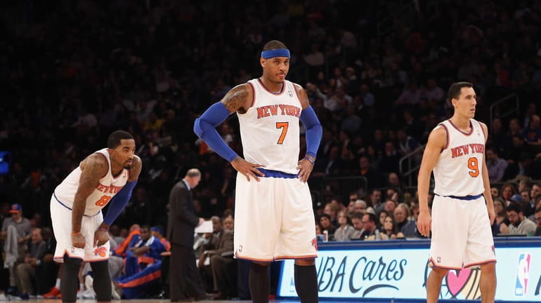 Carmelo Anthony of the Knicks waits to take a foul...