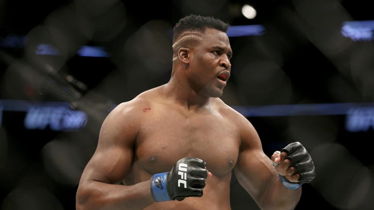 Francis Ngannou is shown during a heavyweight championship mixed martial...