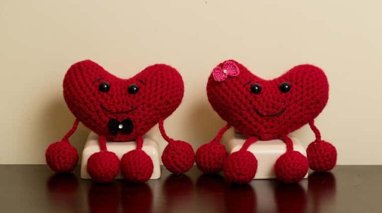 A Valentine's Day heart couple crocheted by Pooja Hathiramani of...