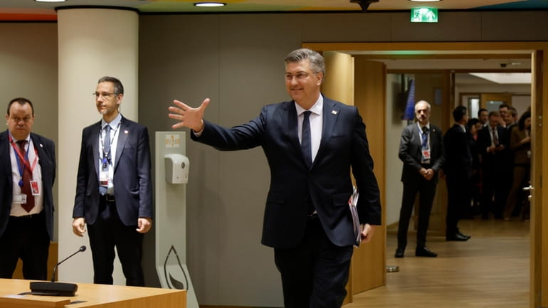 Croatia's Prime Minister Andrej Plenkovic arrives for a round table...