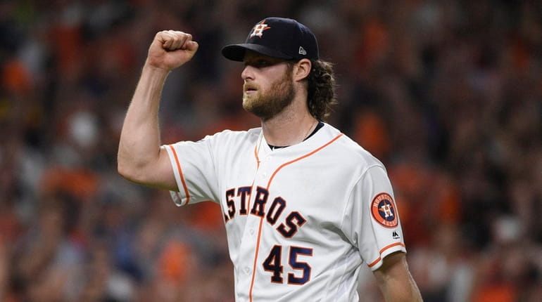 Houston Astros starting pitcher Gerrit Cole after an out against...
