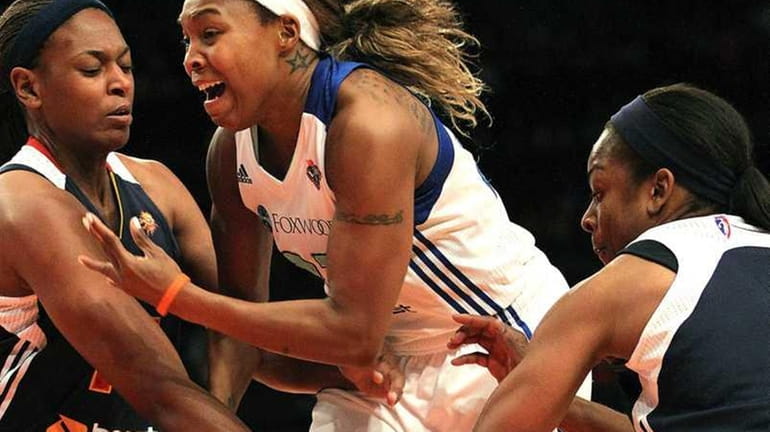 Cappie Pondexter gets fouled during the Liberty's home opening loss...
