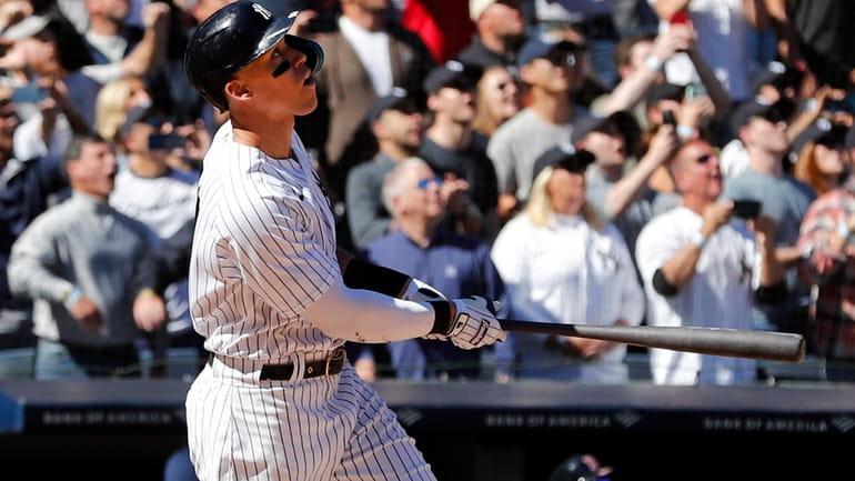 Aaron Judge of the New York Yankees flies out during...