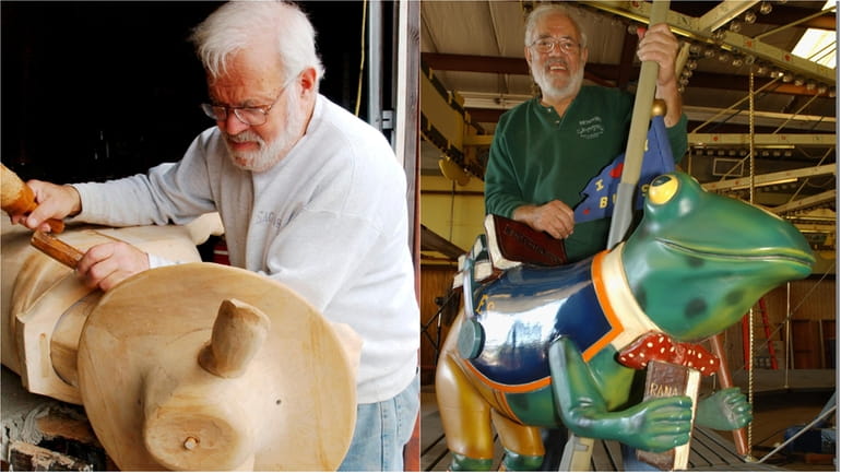 Gerry Holzman working on a woodcarving, and in 2003 with...