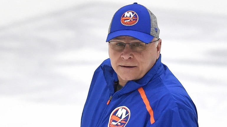 Islanders head coach Barry Trotz oversees practice at Northwell Health...