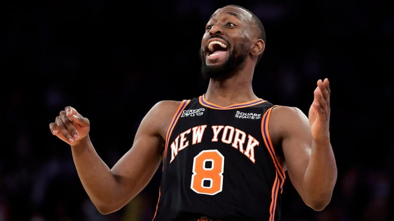 Knicks guard Kemba Walker reacts against the Hawks during the...