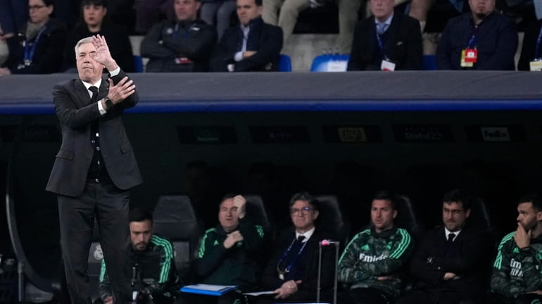Real Madrid's head coach Carlo Ancelotti gestures during the Champions...