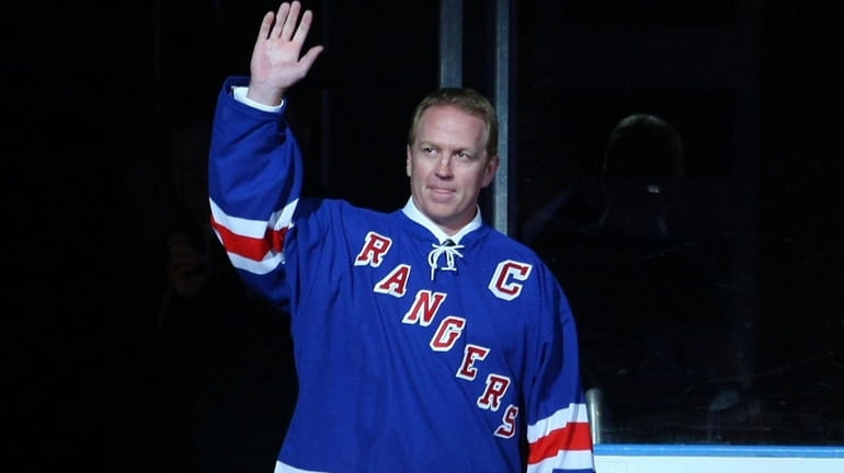Brian Leetch attends the Rangers' ceremony honoring Andy Bathgate and...