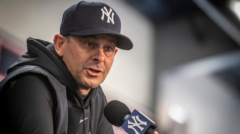 New York Yankees' manager Aaron Boone during a press conference...