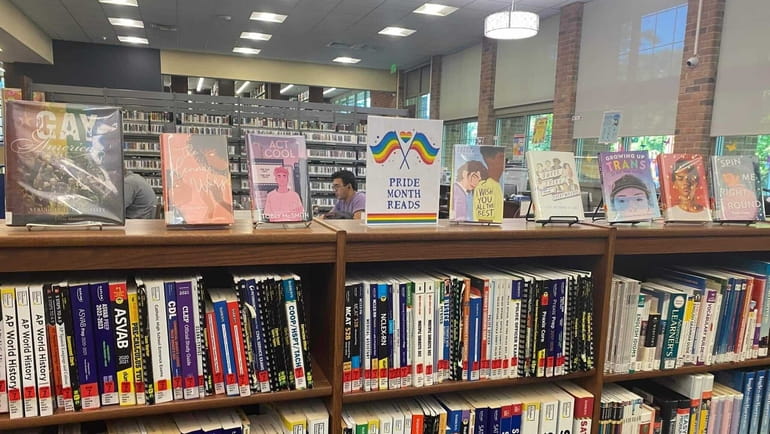 A display of Pride Month books in the children's section...
