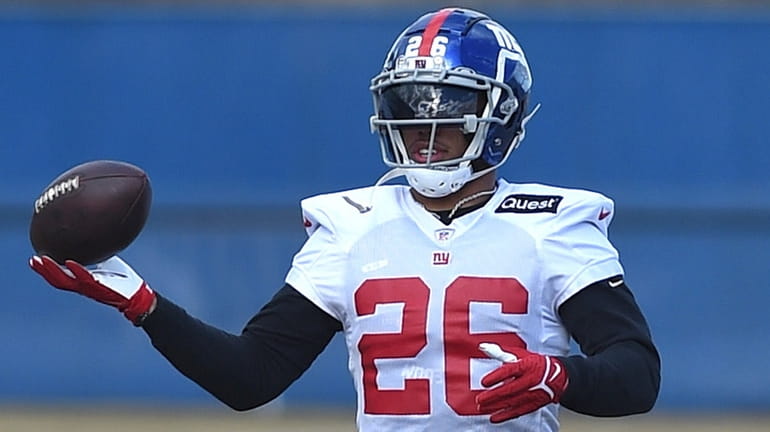 Giants running back Saquon Barkley participates in practice at the Quest...
