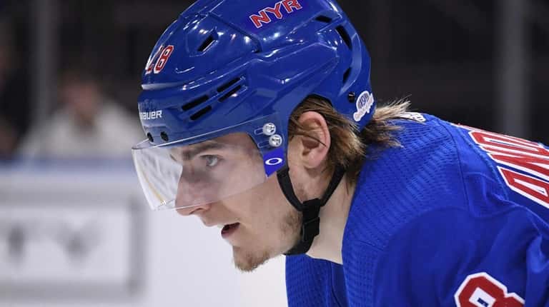 Rangers center Lias Andersson sets against the Bruins at Madison...