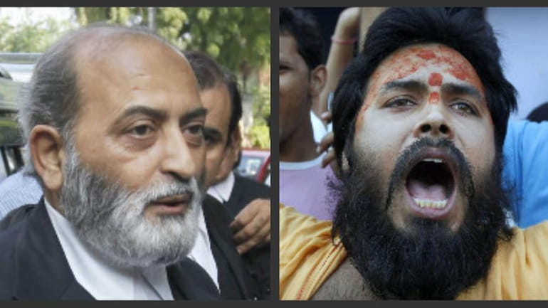 A Muslim lawyer, left, and Hindu holy man express reaction...