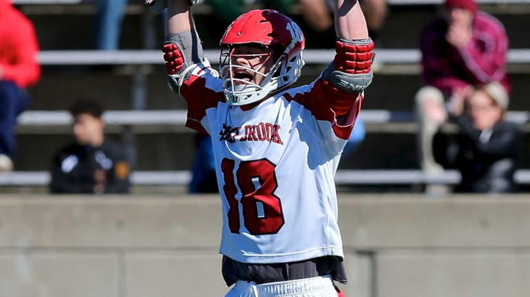Stony Brook attack Brody Eastwood celebrates after scoring in a...