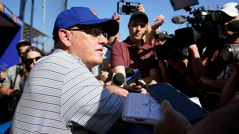Mets owner Steve Cohen talks to the media during spring...