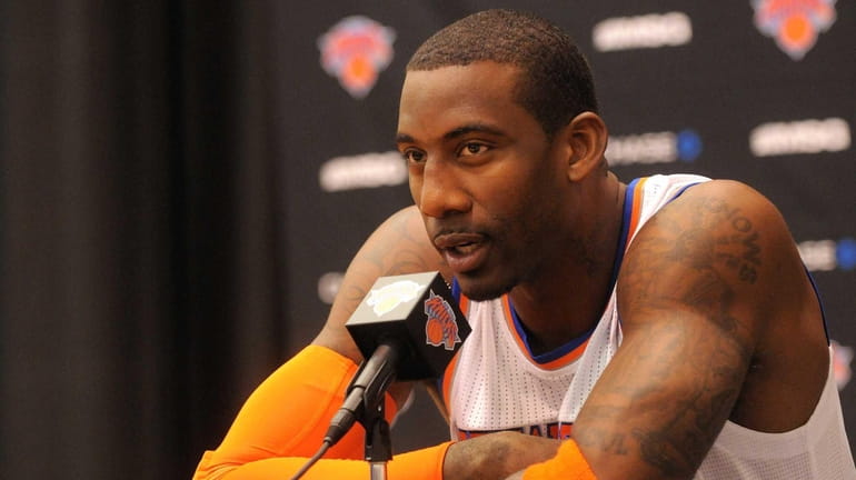 Amar'e Stoudemire of the Knicks speaks at the podium during...