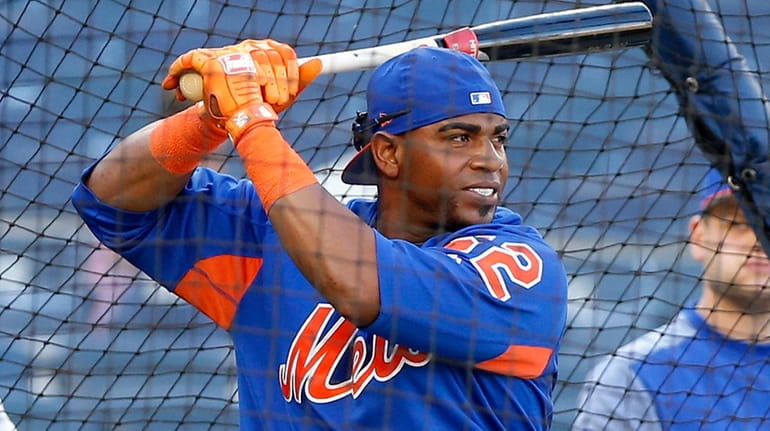 Yoenis Cespedes of the Mets takes batting practice prior to...