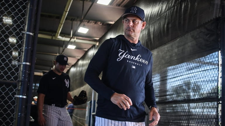 Yankees manager Aaron Boone outside the bullpen at George M....