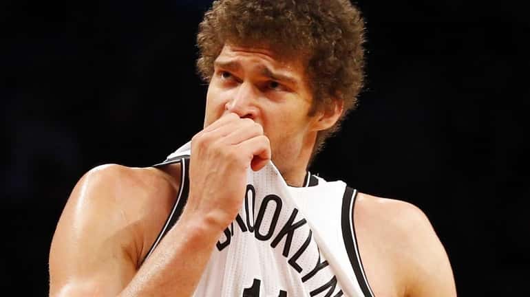 Brook Lopez of the Brooklyn Nets looks on in the...