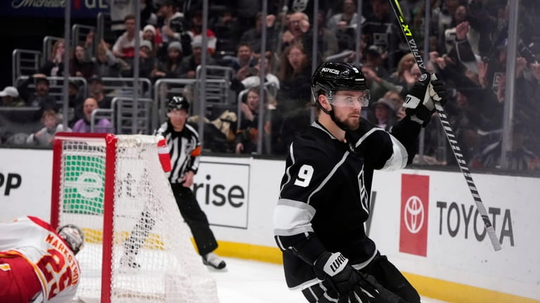Los Angeles Kings right wing Adrian Kempe celebrates after scoring...
