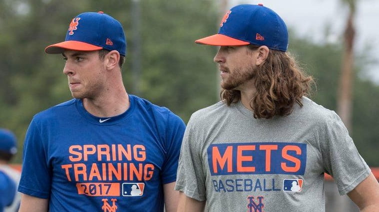 Mets pitchers Steven Matz (left) and Jacob deGrom on Monday,...