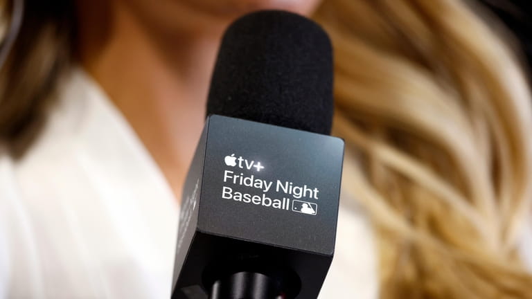 An Apple TV+ logo during a player interview after a...