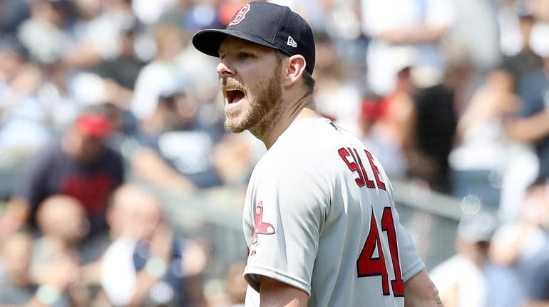Chris Sale #41 of the Boston Red Sox has words...