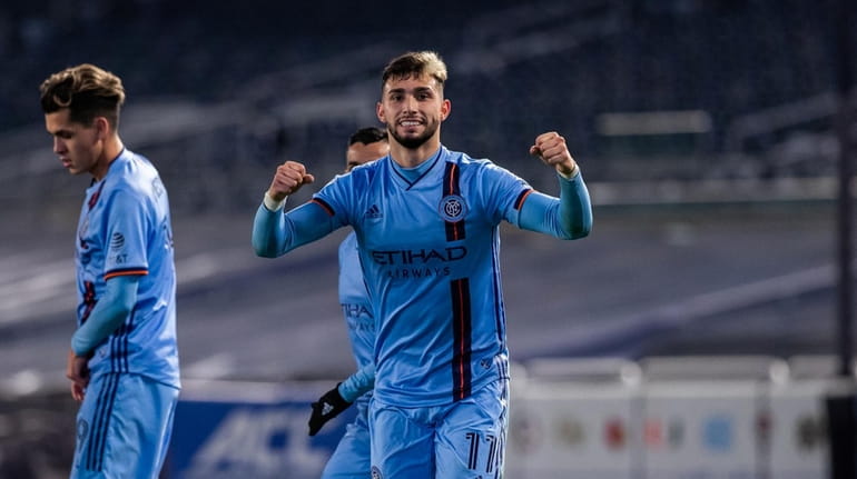 Valentín Castellanos celebrates during NYCFC's victory over the Red Bulls...