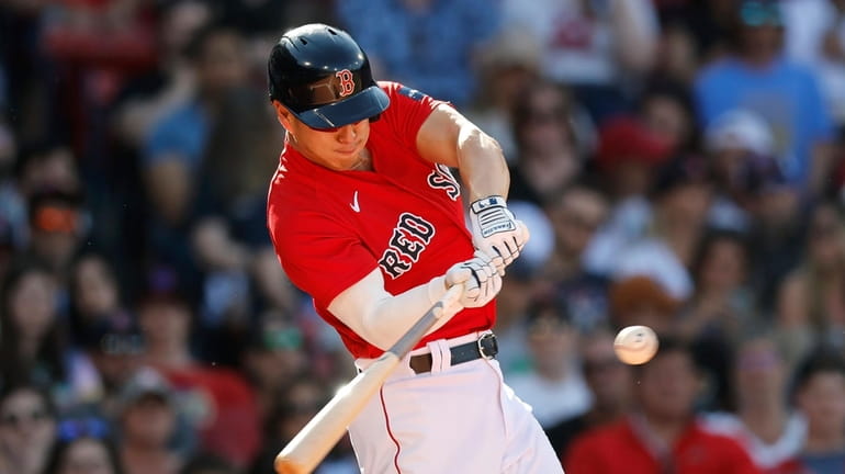 Boston Red Sox's Rob Refsnyder hits a two-run double during...
