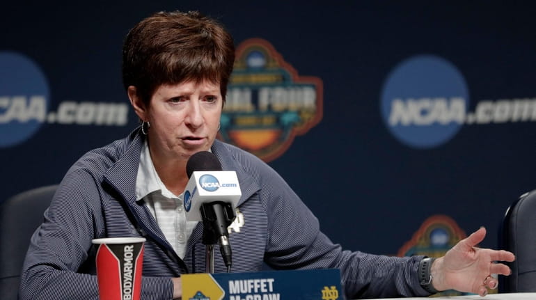 Notre Dame head coach Muffet McGraw answers questions during a...