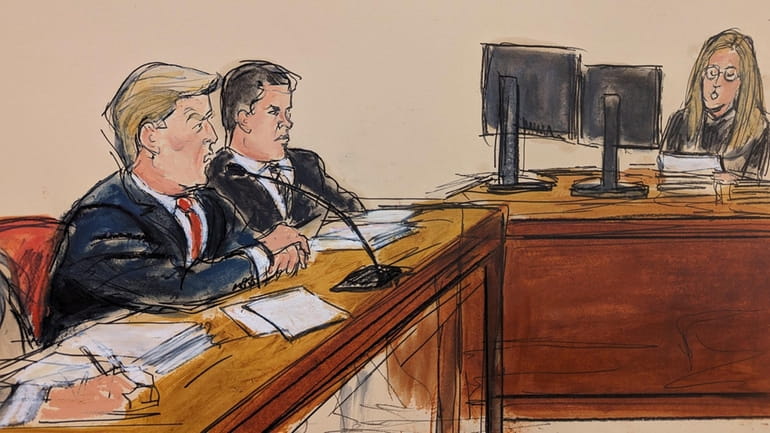 This artist sketch depicts former President Donald Trump, far left,...