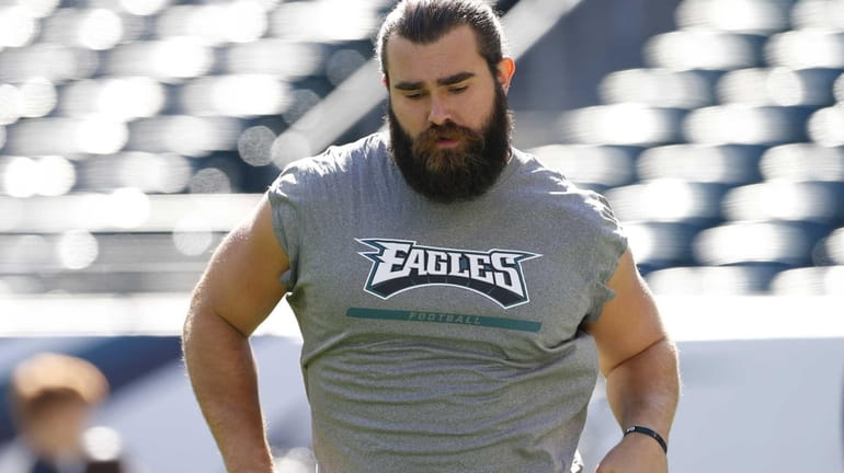 Center Jason Kelce of the Philadelphia Eagles warms up prior...
