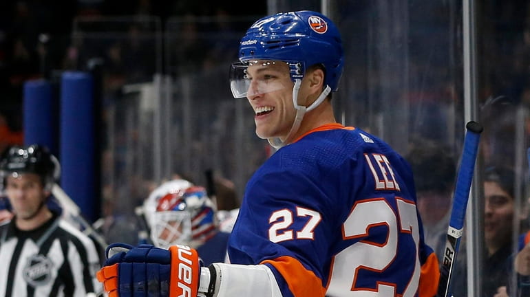 Anders Lee of the Islanders celebrates his third-period empty-net goal against...