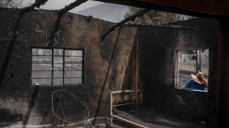 A resident looks at his home destroyed by wildfires in...