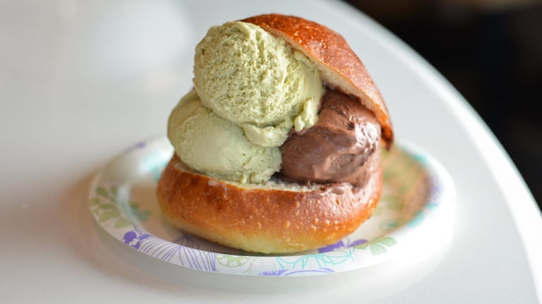 Pistachio and chocolate gelato served on a soft brioche bun...
