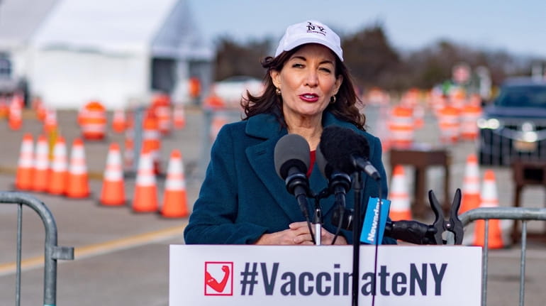 Lt. Gov. Kathy Hochul speaks at a vaccination site at...