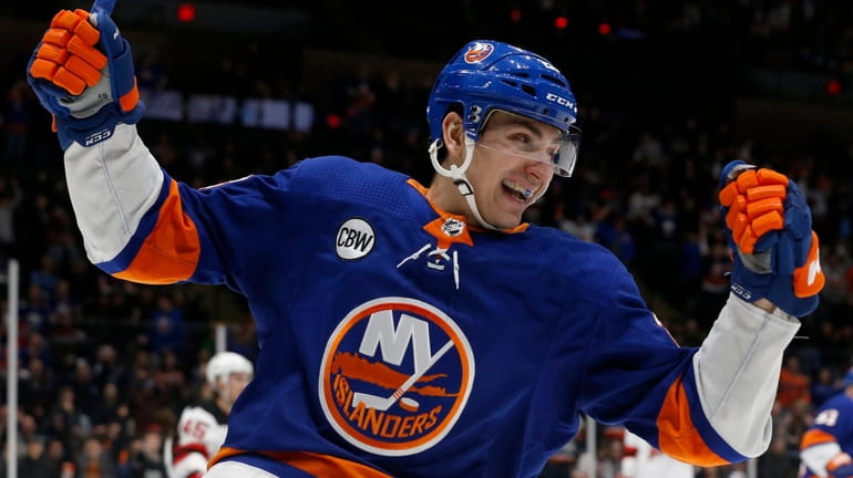 Michael Dal Colle of the NewIslanders celebrates his first-period goal...