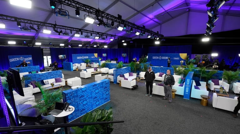 A view of the NFL Draft green room is shown,...