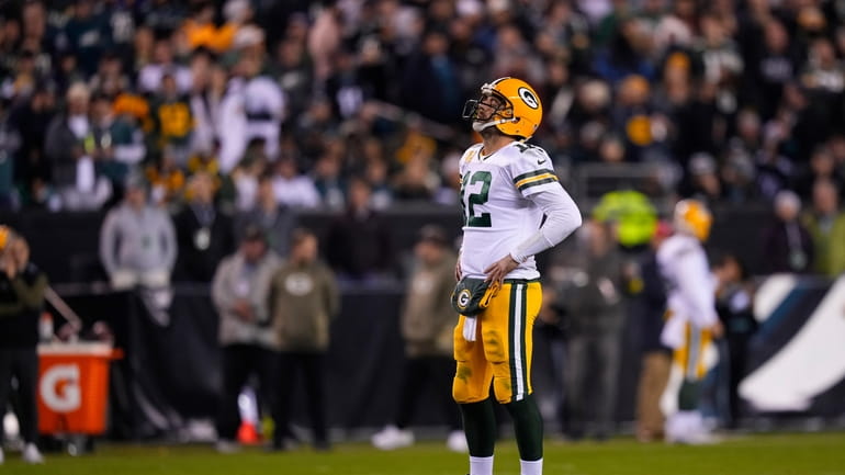 Green Bay Packers quarterback Aaron Rodgers reacts during the second...
