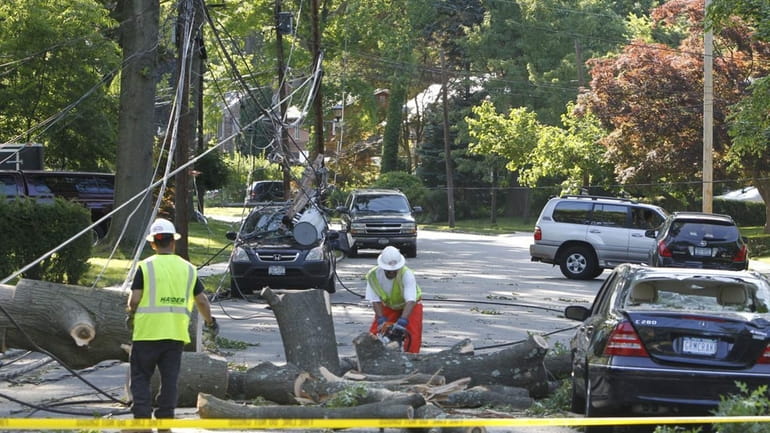 Workers cut a downed tree on Oxford Blvd Friday morning,...