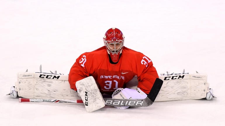 Ilya Sorokin warms up before the men's ice hockey gold-medal...