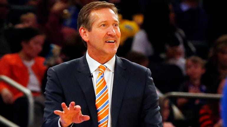 Jeff Hornacek of the Knicks reacts against the Warriors at...